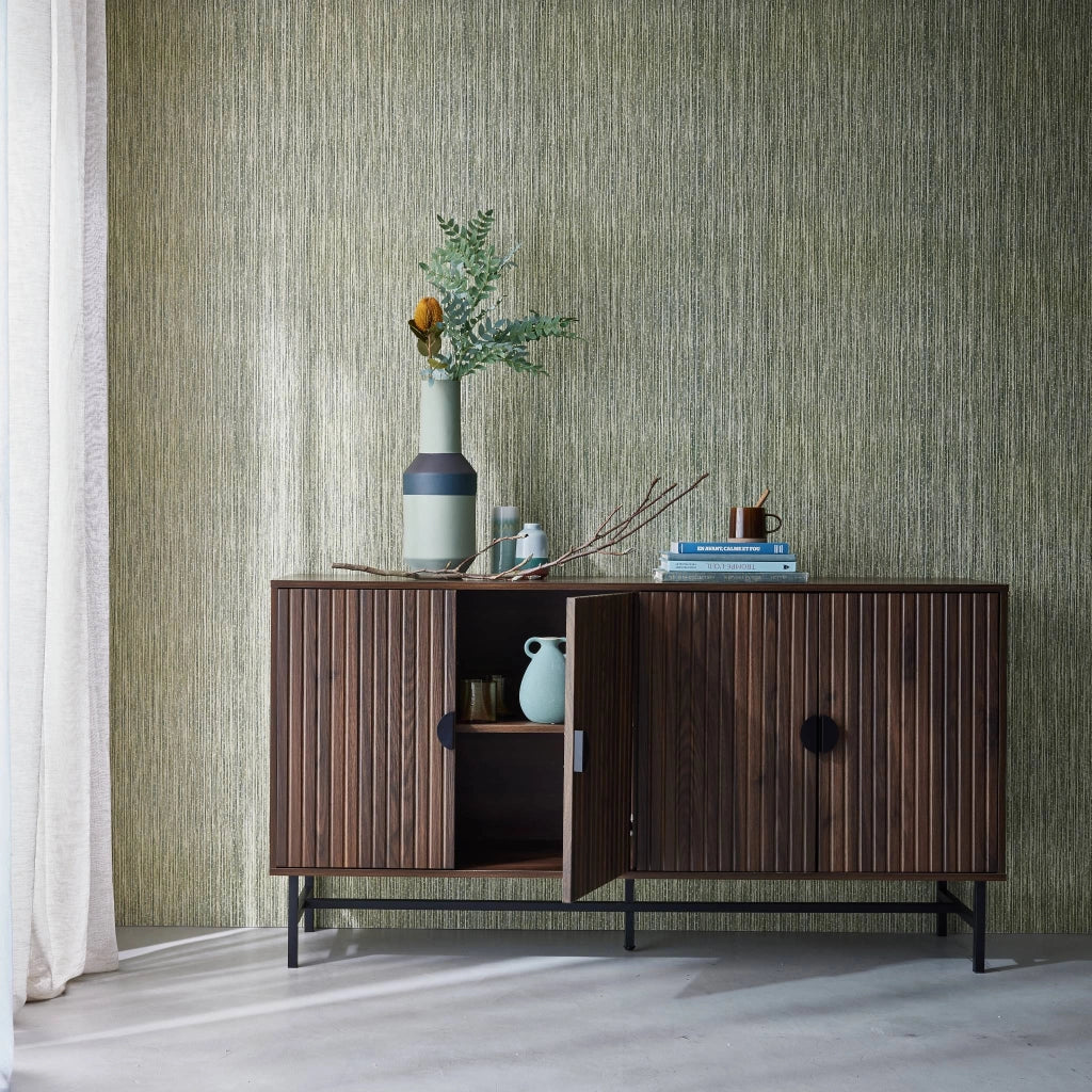 Credenza a 4 ante scanalata effetto legno, 157.5cm, marrone scuro