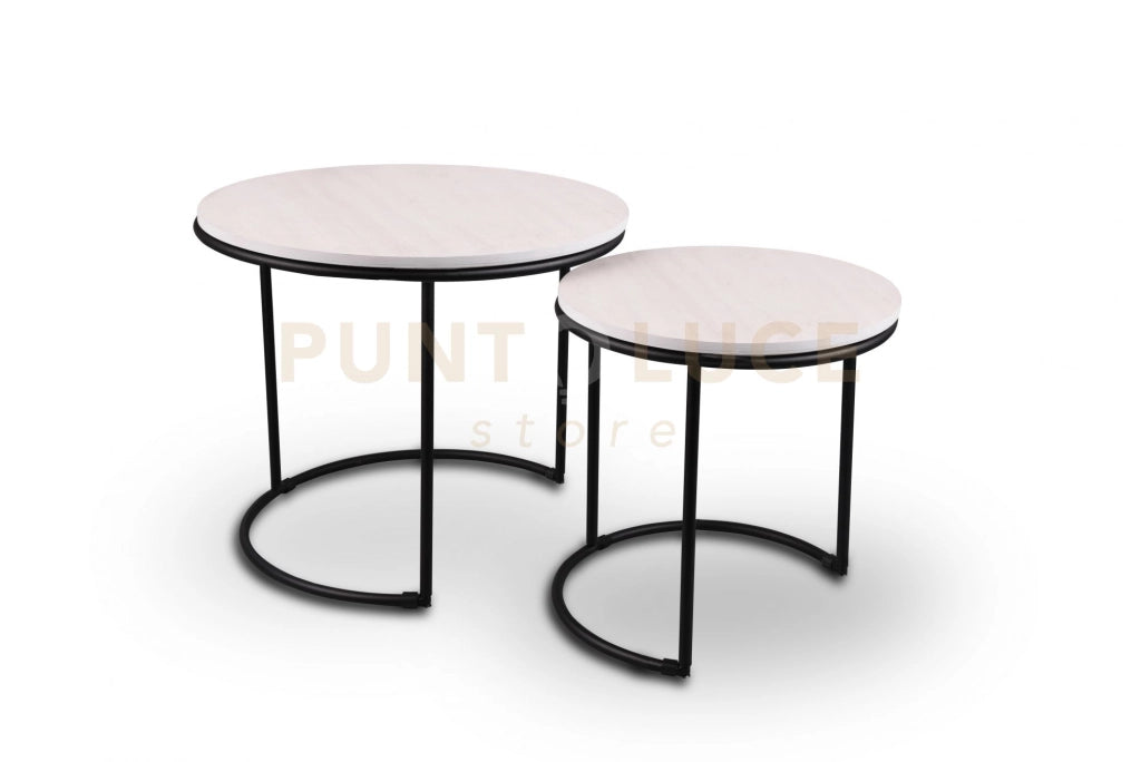 DOREEN SET DI 2 TAVOLI ROTONDI STRUTTURA IN METALLO E BASE IN MDF D.35-43CM BIANCO E STRUTTURA NERA