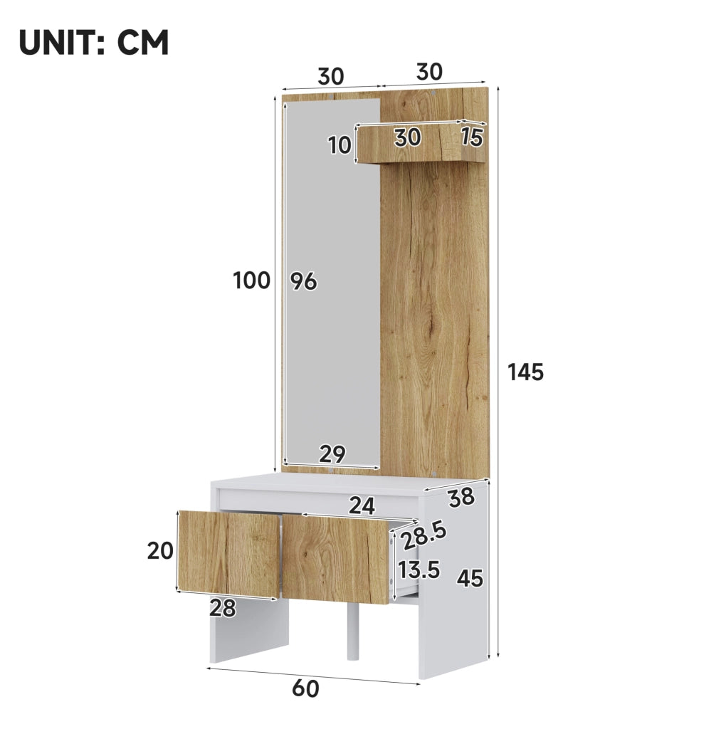 Set ingresso compatto con appendiabiti, specchio, panca e cassetti