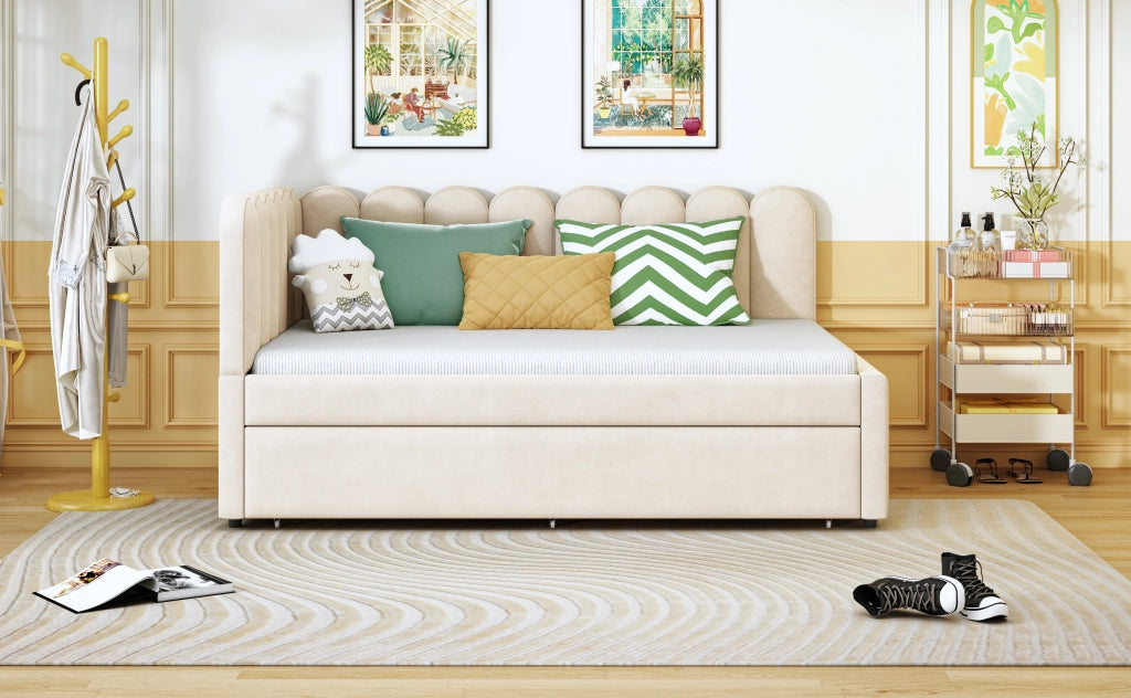 Letto a L divano letto in velluto beige 140x200 cm