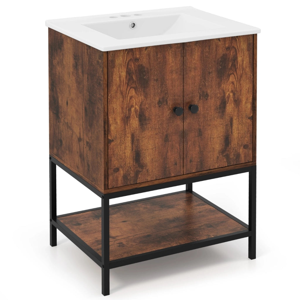 Mobiletto per bagno con lavabo in stile industriale-Armadietto a terra sotto lavabo con mensola aperta Marrone