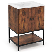 Mobiletto per bagno con lavabo in stile industriale-Armadietto a terra sotto lavabo con mensola aperta Marrone