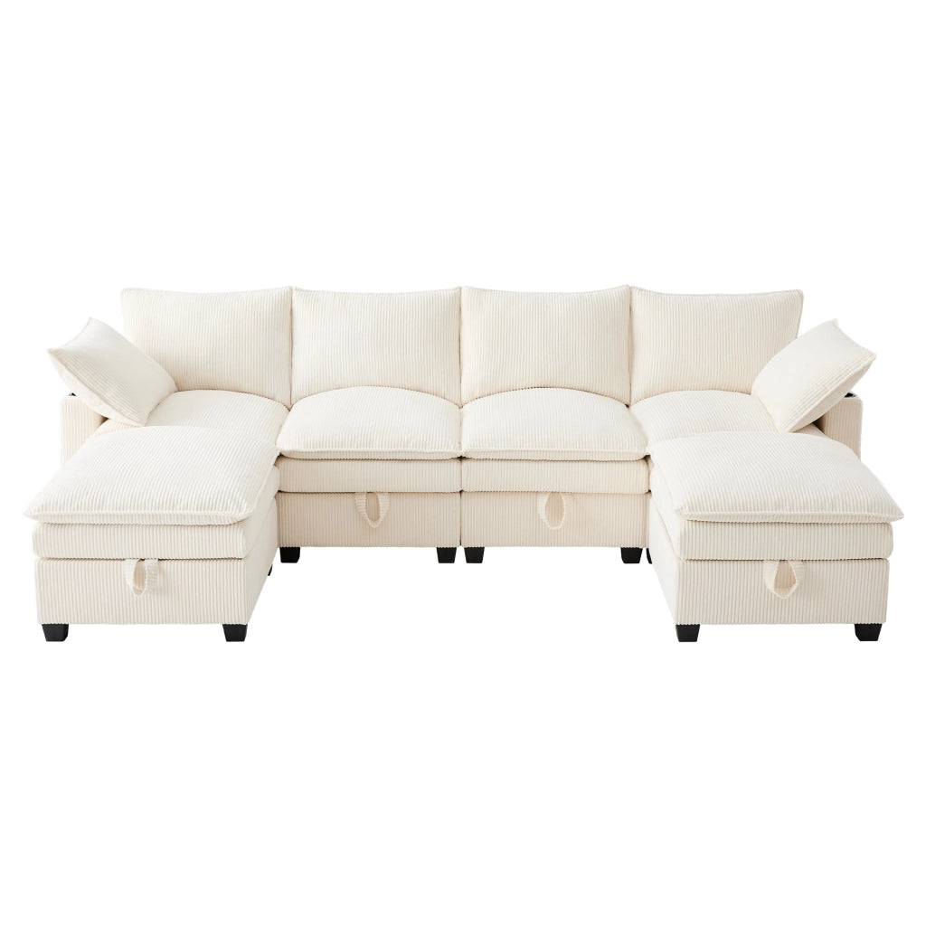 Sofa modulare a L/U in velluto a coste beige con 2 pouf, USB, contenitori e portabicchieri