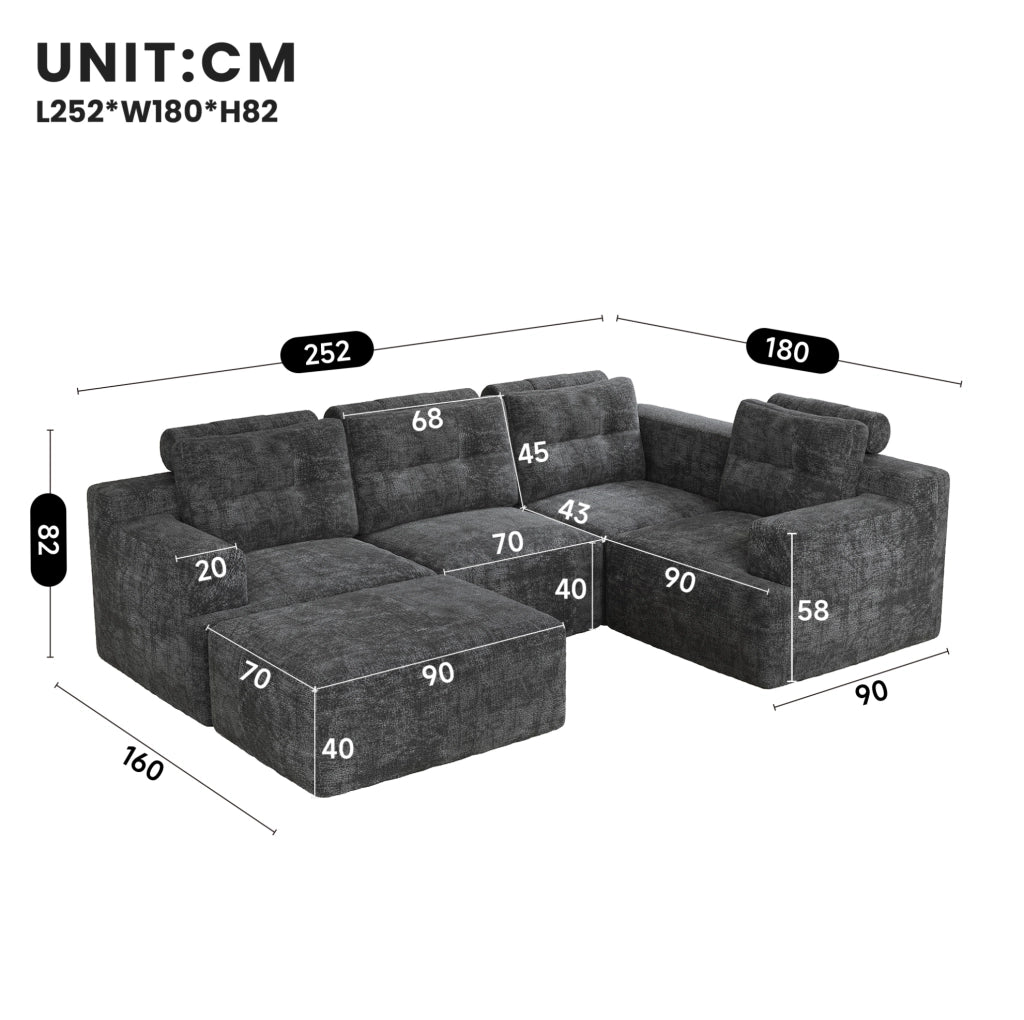 Divano modulare a U con pouf; 252 x 180 x 82 cm; chenille grigio