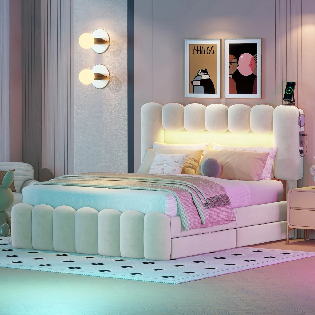 Letto con Cassetti 140×200 cm; Letto Matrimoniale con 4 Cassetti; USB; Altoparlanti e LED; senza Materasso; Beige
