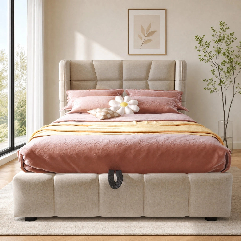 Letto singolo imbottito ULEVR 90x200 cm con vano contenitore sollevabile e testiera, beige