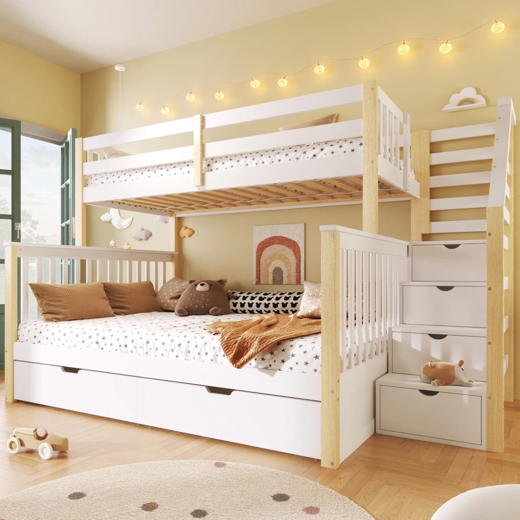 Letto a castello per bambini 90x200 e 140x200 cm in pino; bianco e naturale; con cassetti