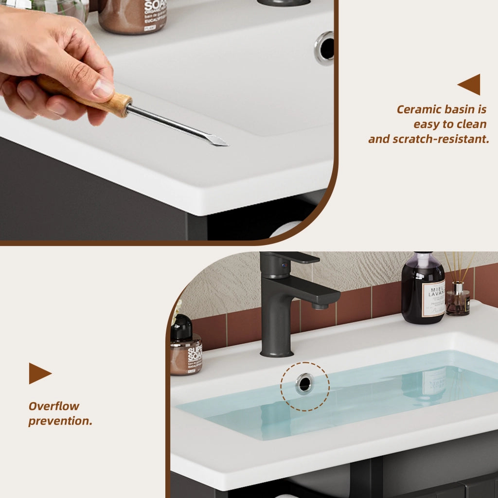 Mobile sottolavabo da bagno con lavabo in ceramica, 1 anta e 3 cassetti, finitura laccata, nero, 76 × 47 × 86 cm