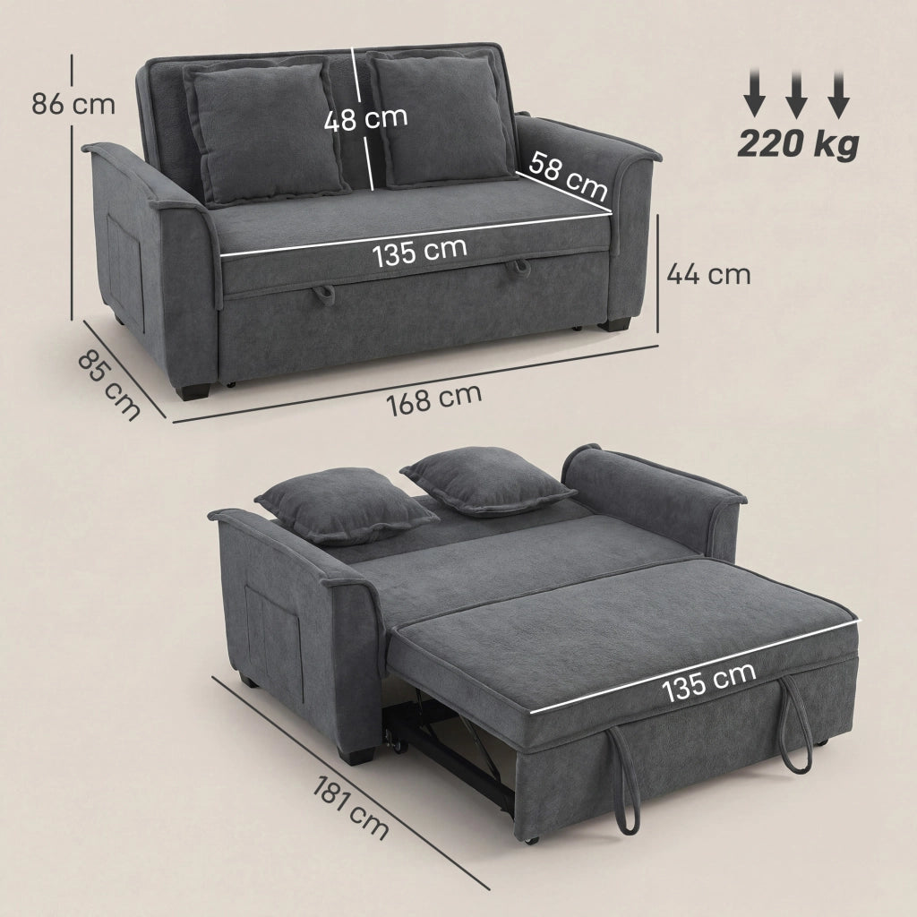 Divano Letto 2 Posti 3 in 1 con Schienale Regolabile in 3 Posizioni e 2 Cuscini in Ciniglia Grigio Scuro