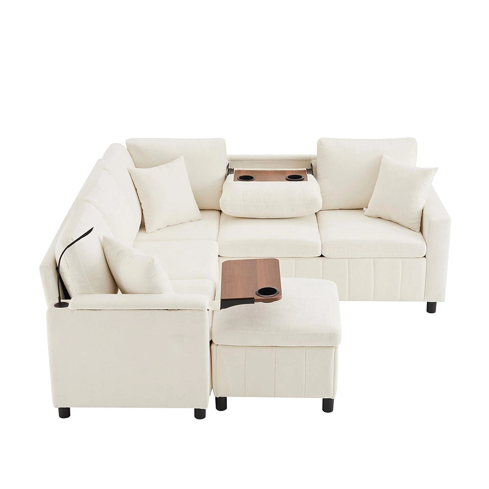 Divano letto angolare in velluto - Xylo - 205x205x85 cm - Beige - Con pouf, luce, USB, tavolo nascosto
