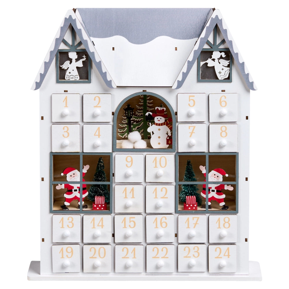 Accogliente decorazione natalizia a LED con figurine a forma di casetta in legno Calendario dell'Avvento bianco