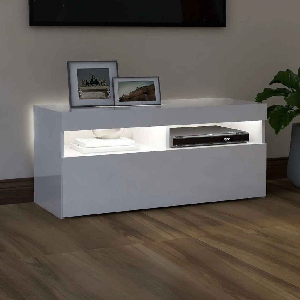 Mobile Porta TV con Luci LED Bianco Lucido 90x35x40 cm 804388