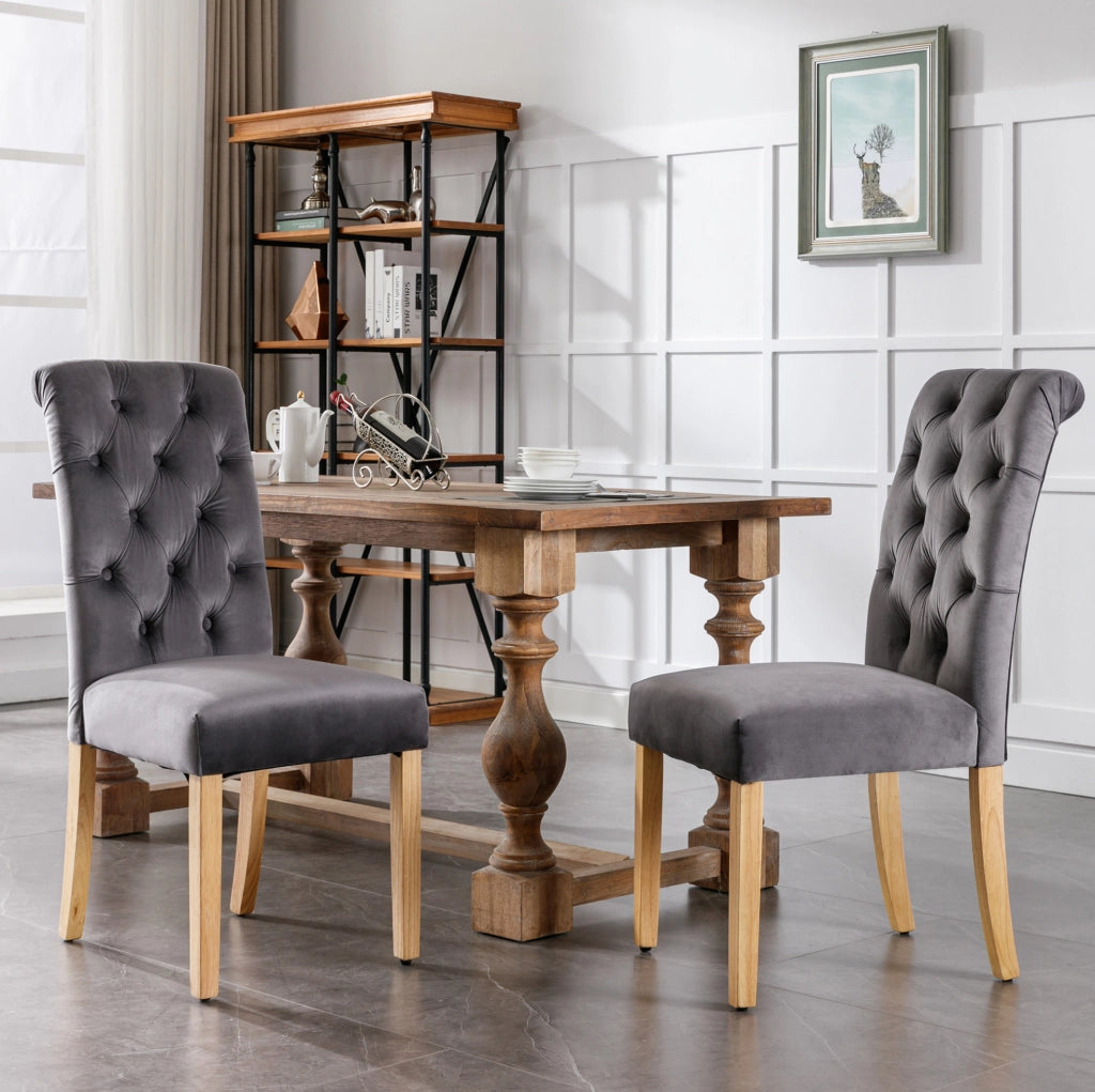 Set di 6 sedie da pranzo in velluto grigio con gambe in rovere