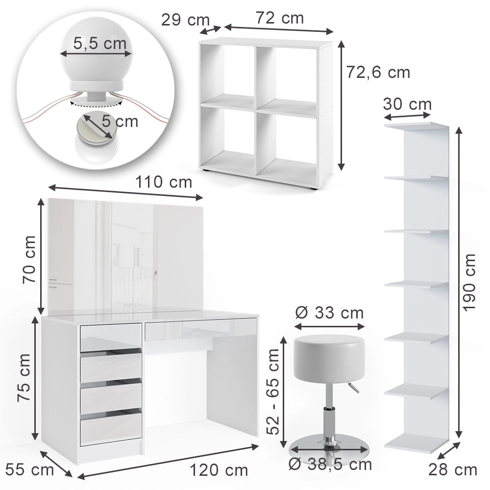 Vicco Tavolino da toilette Bianco 5 pezzi, con ripiano portaoggetti, ripiano in piedi, specchio, sgabello, LED