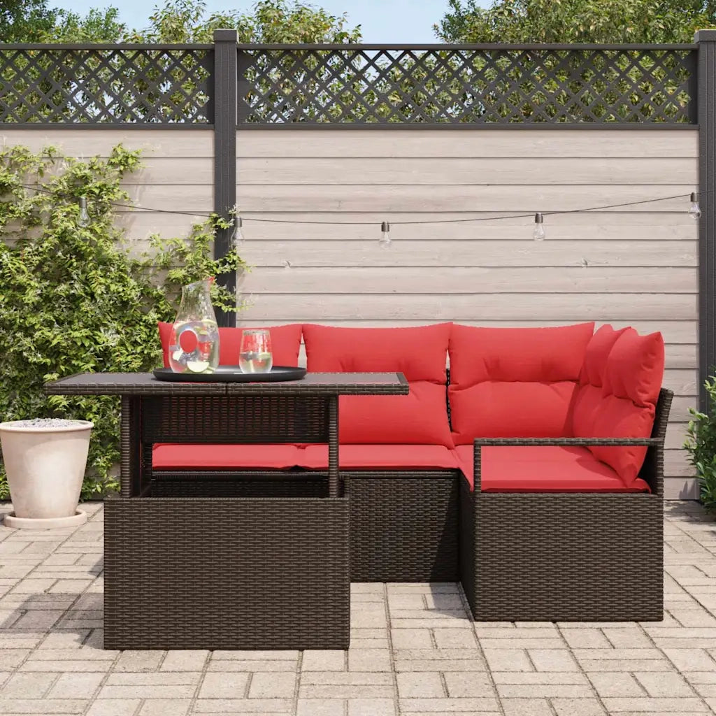 Set Divano da Giardino 5 pcs Marrone e Rosso polyrattan