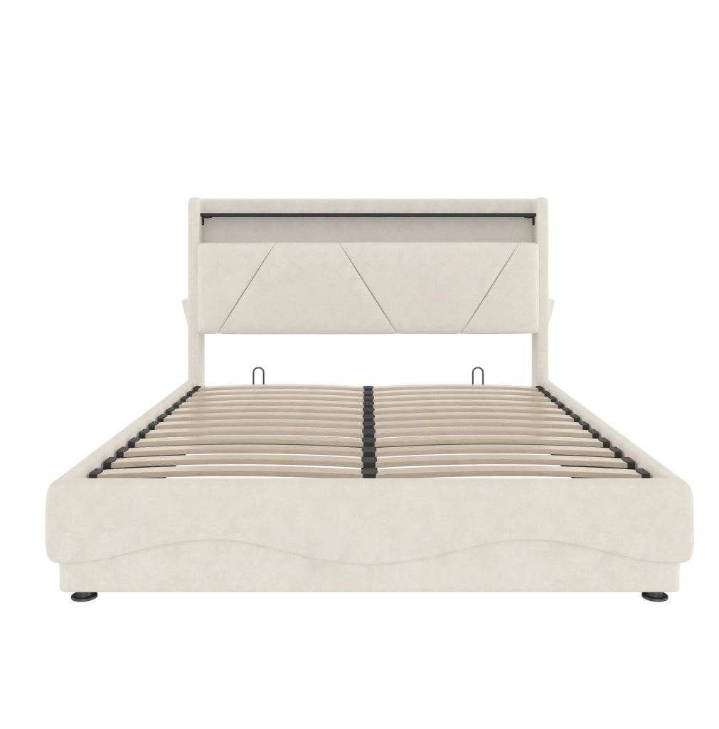 Letto imbottito 140x200 cm beige con LED, USB-C e contenitore