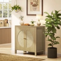 Credenza da Cucina con 2 Porte in Rattan, Scaffale Regolabile e 2 Maniglie 75x38x77 cm Legno Naturale