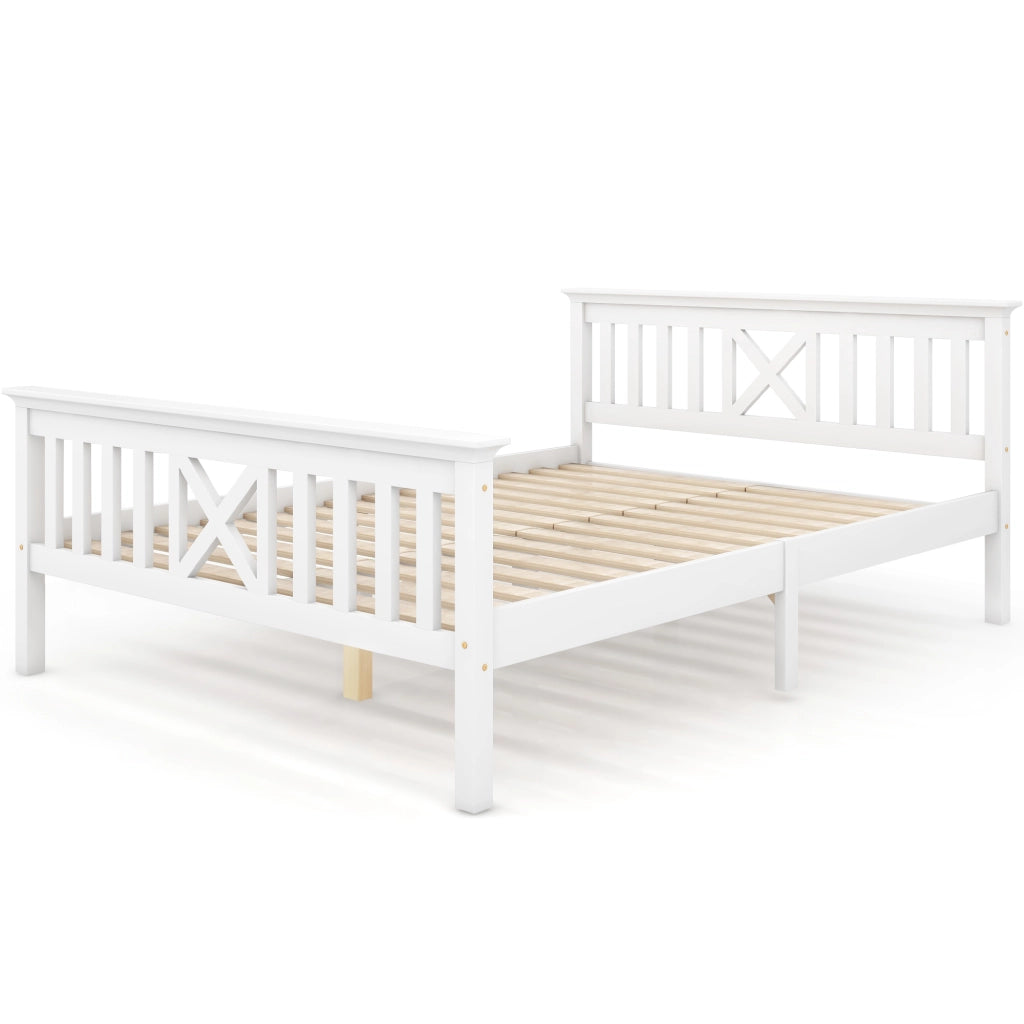 Letto Matrimoniale 140 x 200 cm con Testiera a X e Doghe Integrate; senza Materasso; in Legno Massello; Bianco
