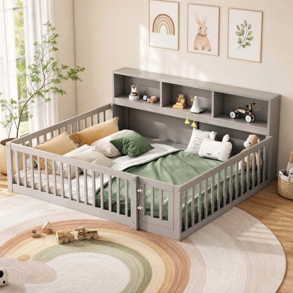 Daybed 140x200 cm con sponde di sicurezza e vani laterali; in pino e MDF; grigio