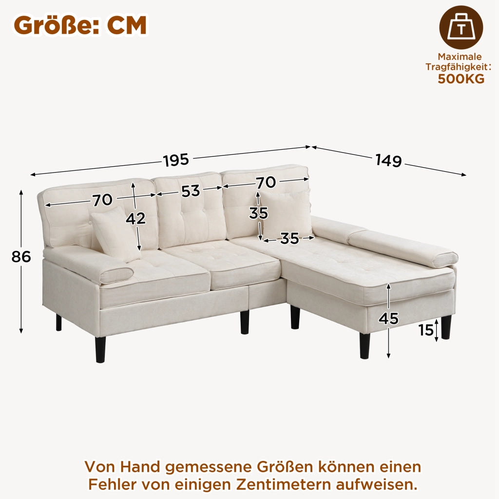 Divano angolare modulare in ciniglia con chaise longue, pouf mobile e cuscini, per piccoli appartamenti, beige chiaro