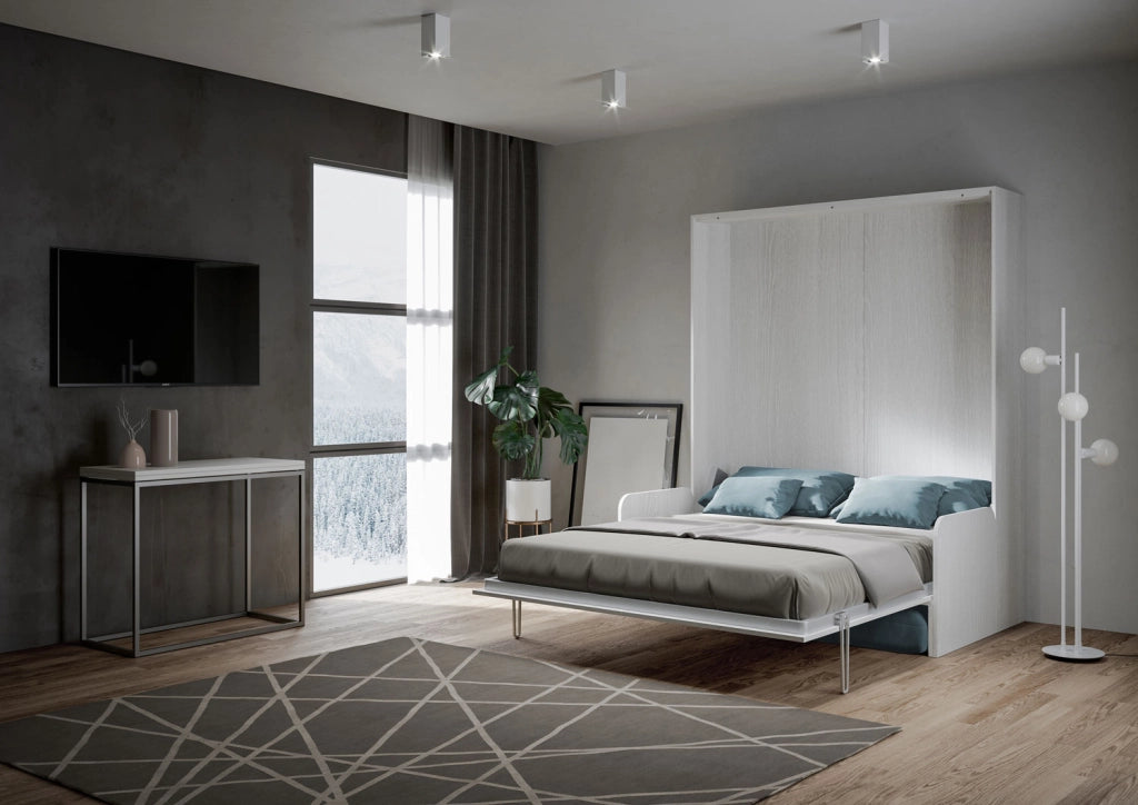 Letto matrimoniale a scomparsa 160 Kentaro con divano bianco frassino, azzurro