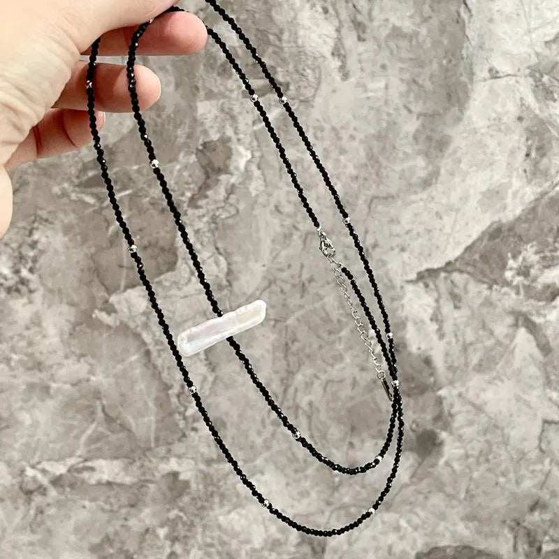 Collana lunga vintage con perle e cristalli neri per clavicola, regalo di Natale o compleanno.
