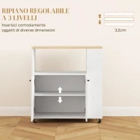 Carrello Cucina in Legno con Ripiano Aperto, Armadietto e Scaffale Laterale, 75x40x80.5 cm, color Rovere e Bianco