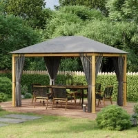 Pergola Rettangolare da Giardino con Tende e Tetto in Poliestere, 4 x 3 m, Struttura in Alluminio, Grigio Scuro
