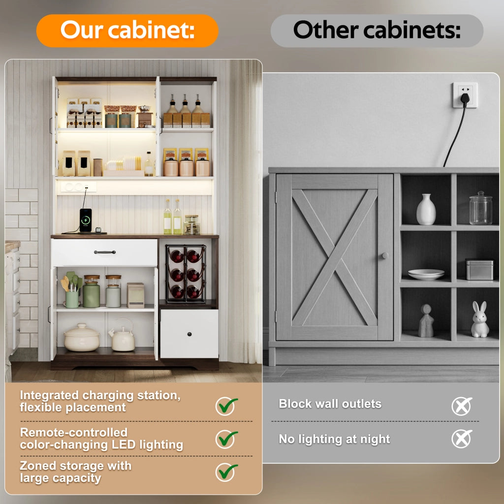 Credenza da cucina alta con ripiani regolabili, cassetti, LED APP e prese, effetto vintage, 105 × 40 × 185 cm