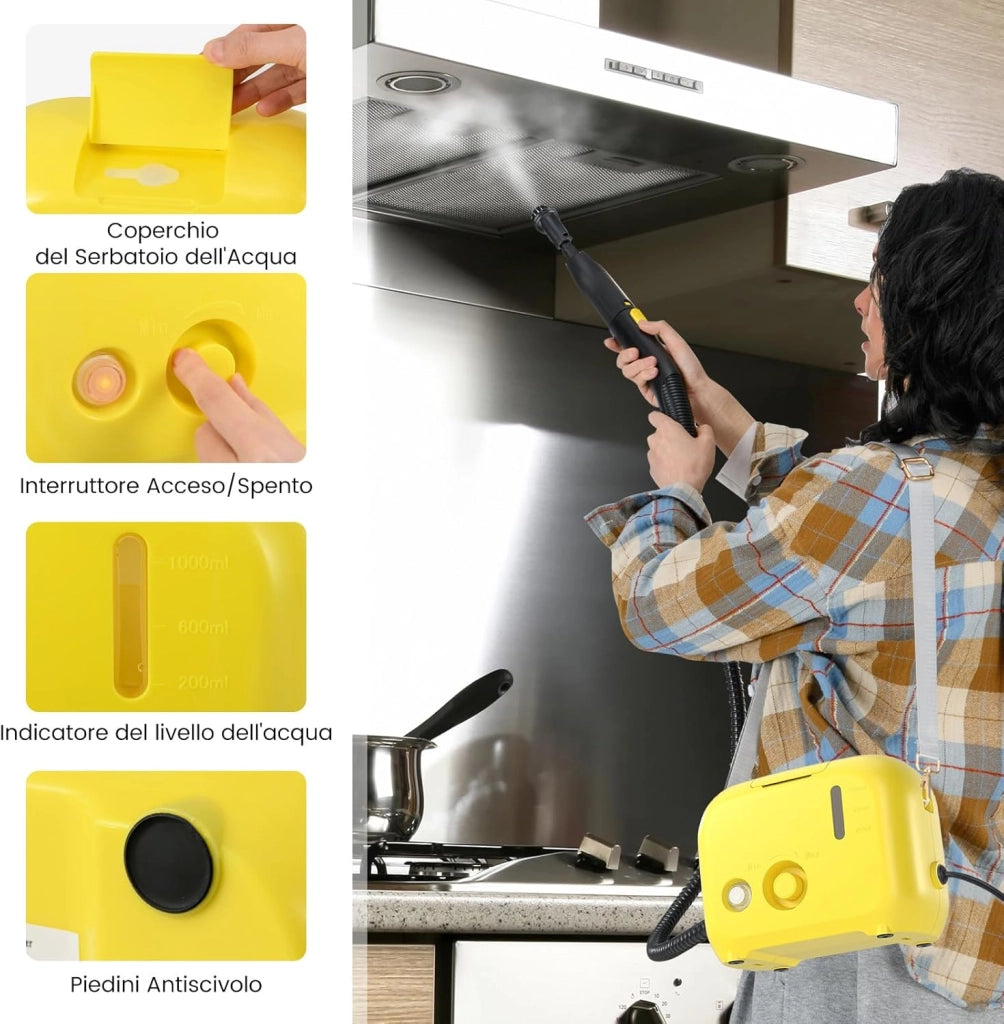 1500W Pulitore a Vapore Portatile, Vaporizzatore Domestico con Serbatoio d'Acqua 1 L (Sostenibile), Tempo Riscaldamento 10s, Macchina per Pulizia a Vapore Multiuso (Giallo)
