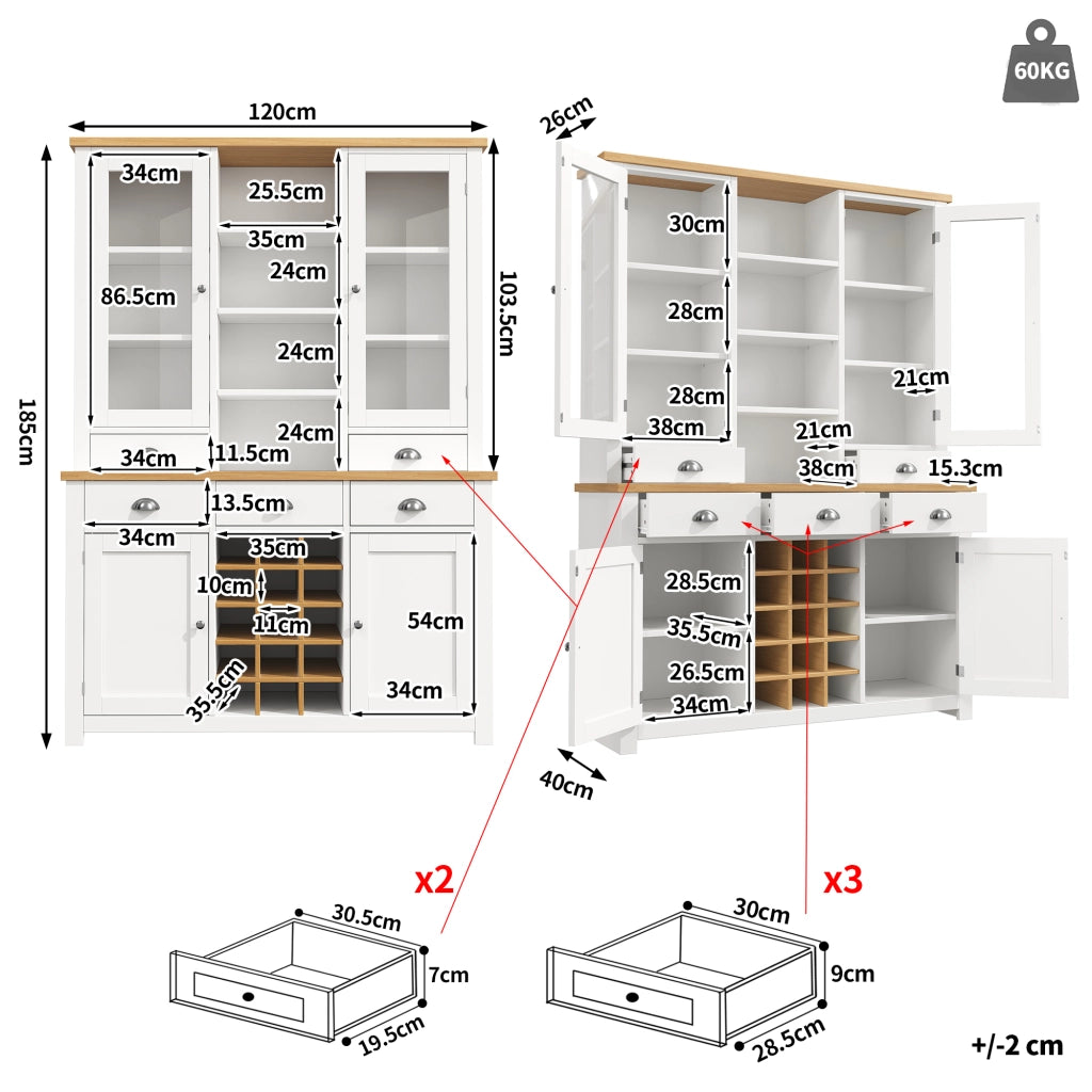 Credenza alta con anta in vetro, 5 cassetti e ripiano regolabile, per cucina e soggiorno, in MDF e vetro, bianco
