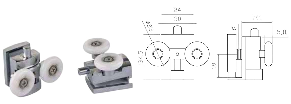 Coppia Cuscinetti Doppia Ruota Attacco Superiore Metallo Cromato Box Doccia – Ø23 mm – Vetro 8 mm – Foro 9 mm