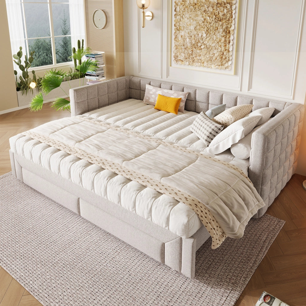 Divano letto estraibile in velluto con due cassetti, Beige