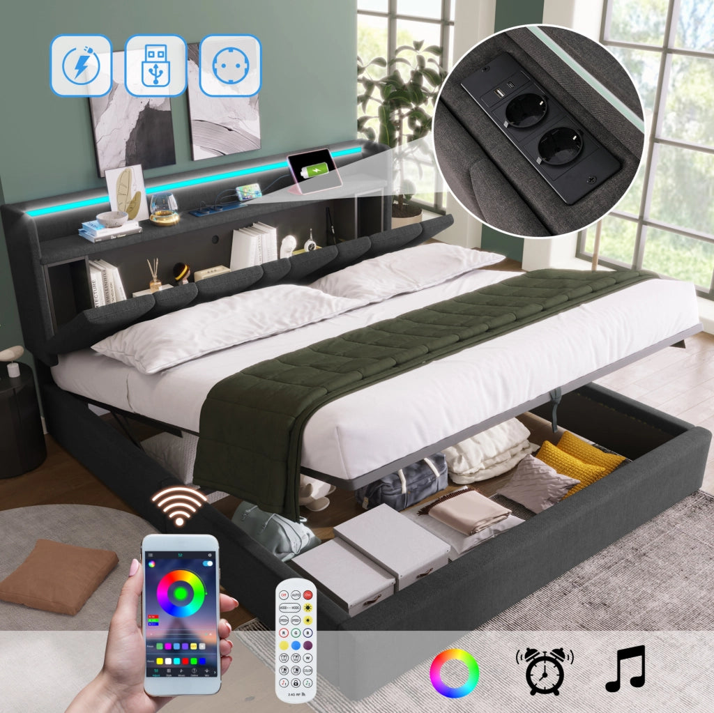 Letto matrimoniale 160x200 cm con LED, USB e contenitore
