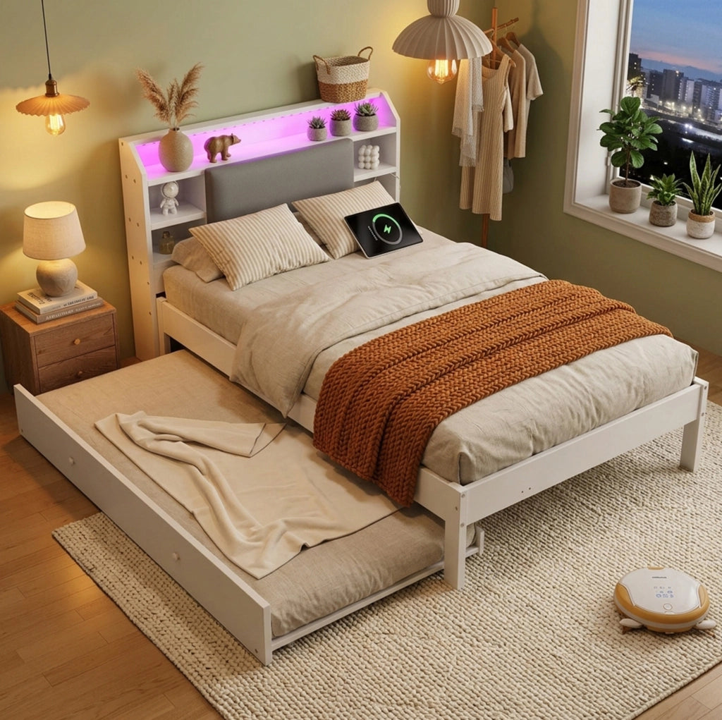 Letto 120x200 cm con letto estraibile; testiera imbottita; LED in legno bianco