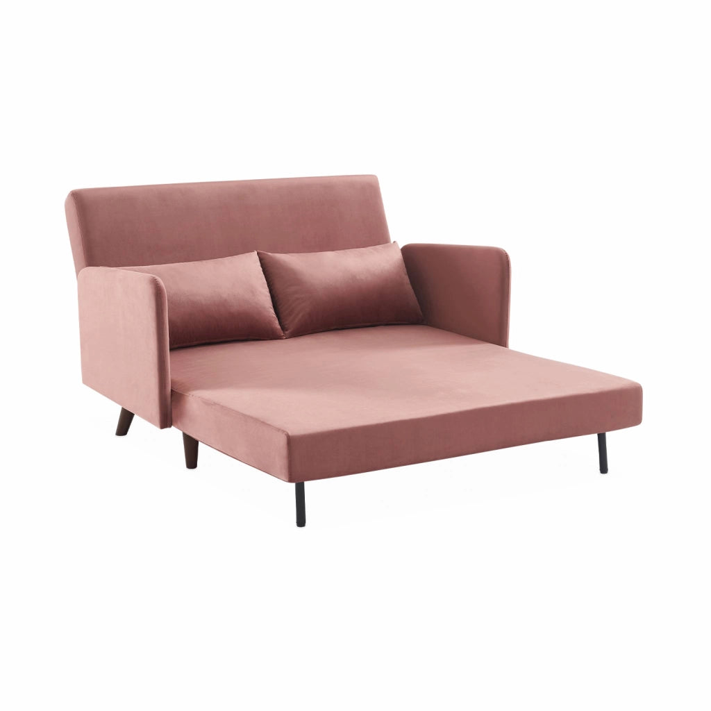 Divano letto in velluto con gambe in legno, 2 posti, rosa antico