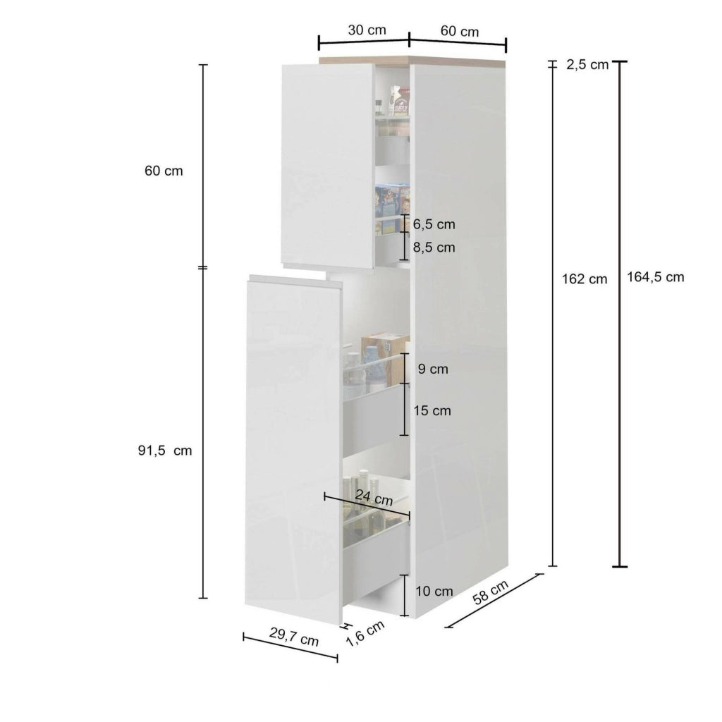 Dispensa da cucina Atrax, Mobile multiuso, Armadio portaoggetti a 2 cassettoni, 100% Made in Italy, 30x60h165 cm, Bianco lucido e Ardesia