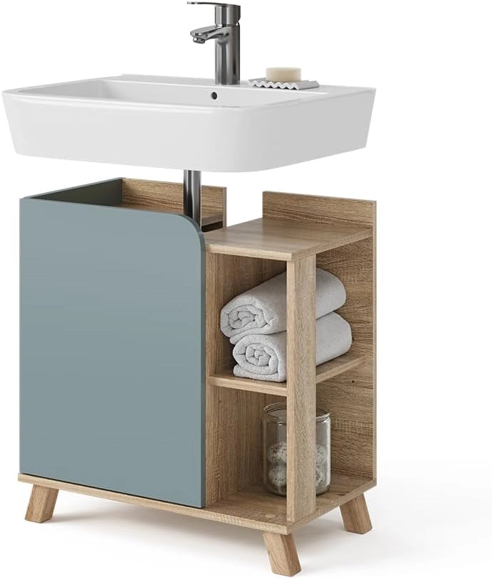 Mobiletto per lavabo Karen, Sonoma/blu, 60 x 65 cm con porta e vani aperti, con ritaglio per sifone per il montaggio sotto il lavabo