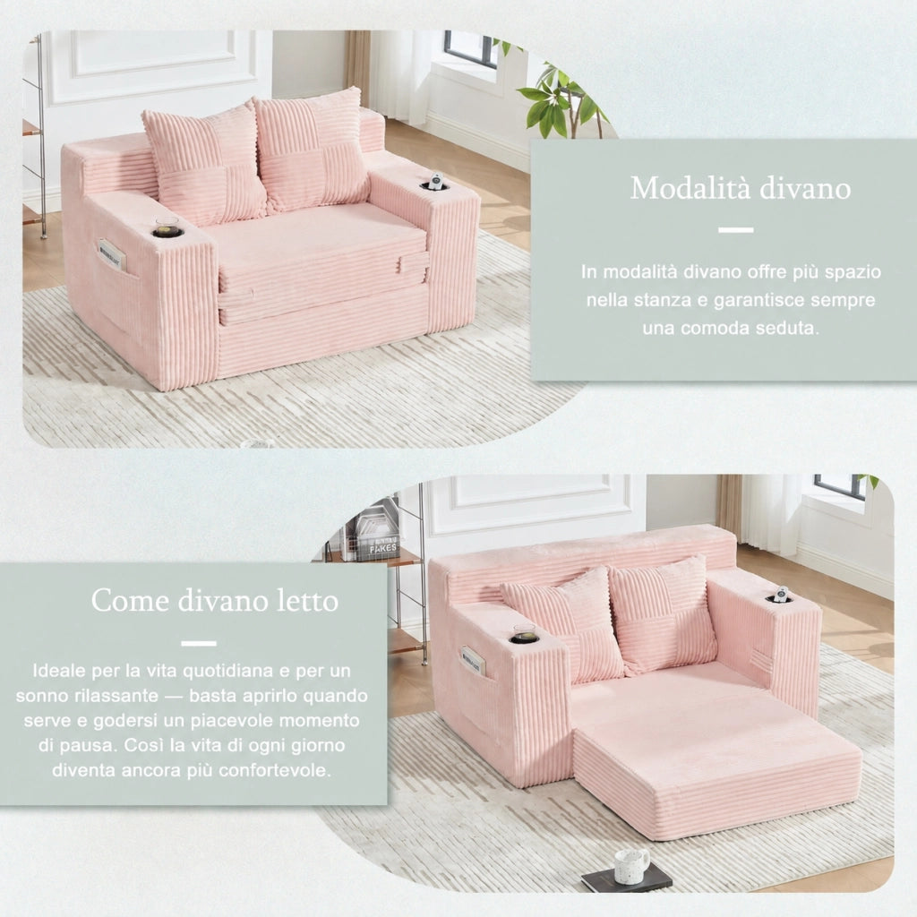 Divano due posti rosa 151 x 133 x 64 cm con cuscini e portabicchieri; velluto a coste