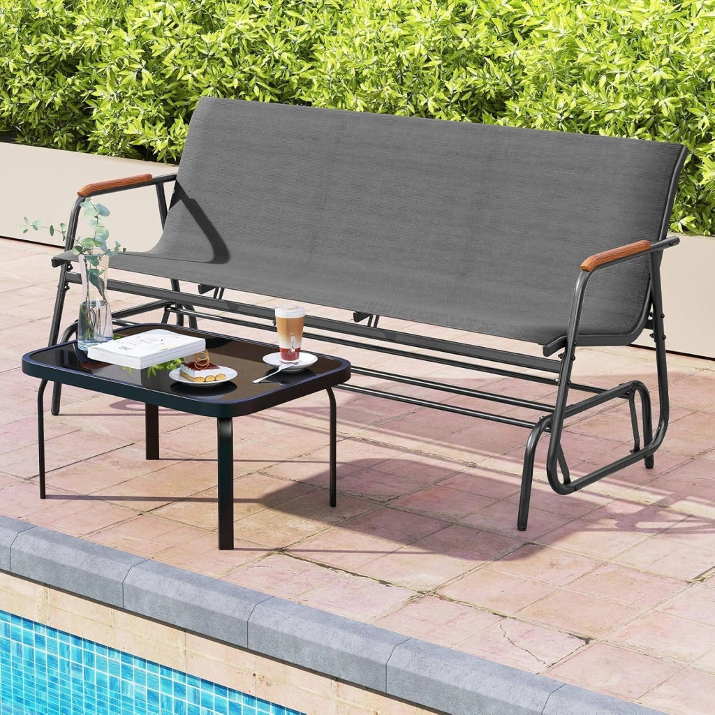 Panca a Dondolo da Esterno, Panchina a 2/3 Posti da Giardino con Movimento Oscillante, Braccioli Curvi in Legno, Sedia a Dondolo per Veranda, Giardino, Portata 300KG/450KG (Grigio, 3 Posti)
