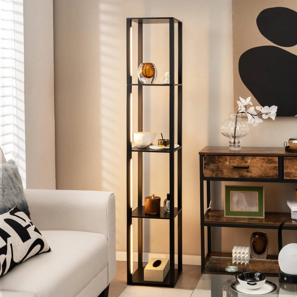 Lampada da Terra con Mensola, Lampadine LED Dimmerabili a 3 Livelli e Poli LED Ruotabili, Piantana Lampada da Terra per Soggiorno, Studio e Camera da Letto (Nero)