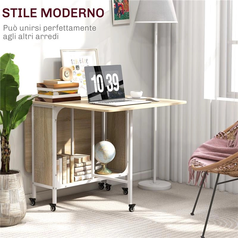 TAVOLO DA PRANZO PIEGHEVOLE PER 6 PERSONE MAX CON RIPIANO, IN LEGNO E METALLO, 130X80X74 CM, BIANCO E COLOR LEGNO