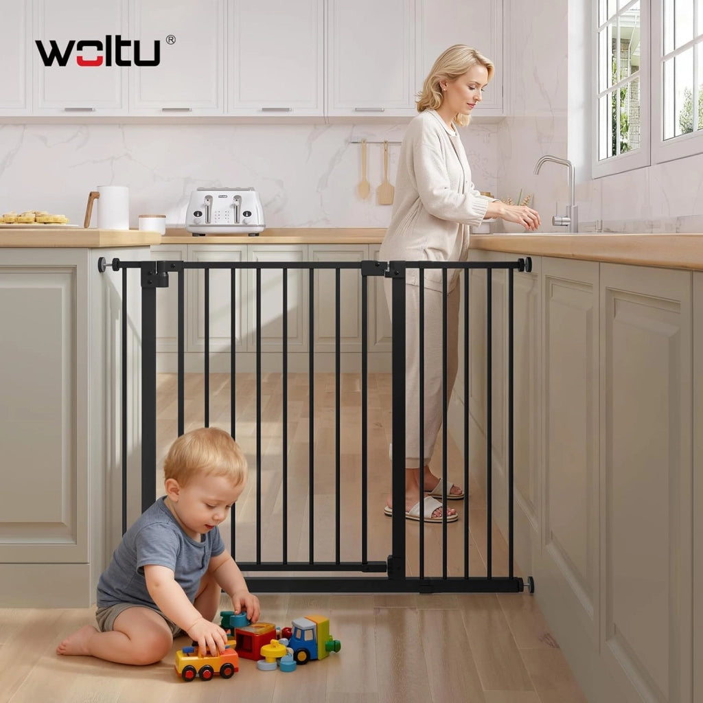 Cancelletto per Bambini in Metallo, Cancello per Scale e Porte 75-107 cm, per Cani, Apertura Bidirezionale, Chiusura Doppia, Montaggio con o senza Fori, Bianco