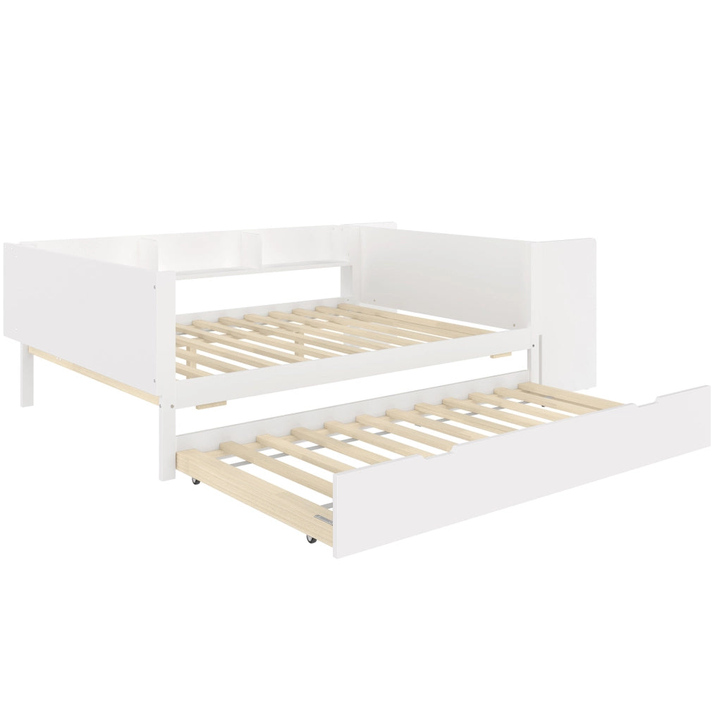 Letto 140x200 cm con scrivania; letto estraibile e ripiani in legno e MDF bianco