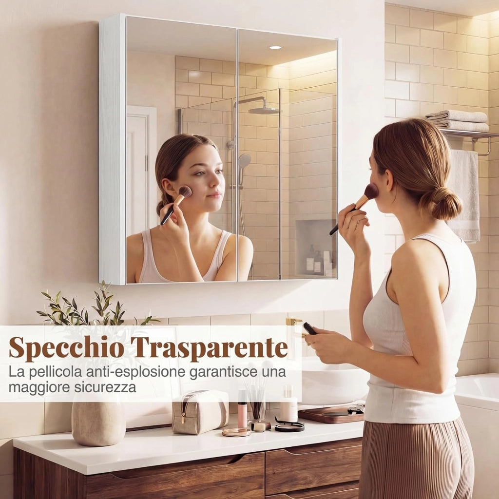 Armadietto da Bagno con Specchio a 2 Ante, Mobiletto da Parete Pensile Salvaspazio in Legno, Mobile Bagno Sospeso per Camera da Letto, Ingresso e Soggiorno, 62 x 11 x 65 cm (Bianco)