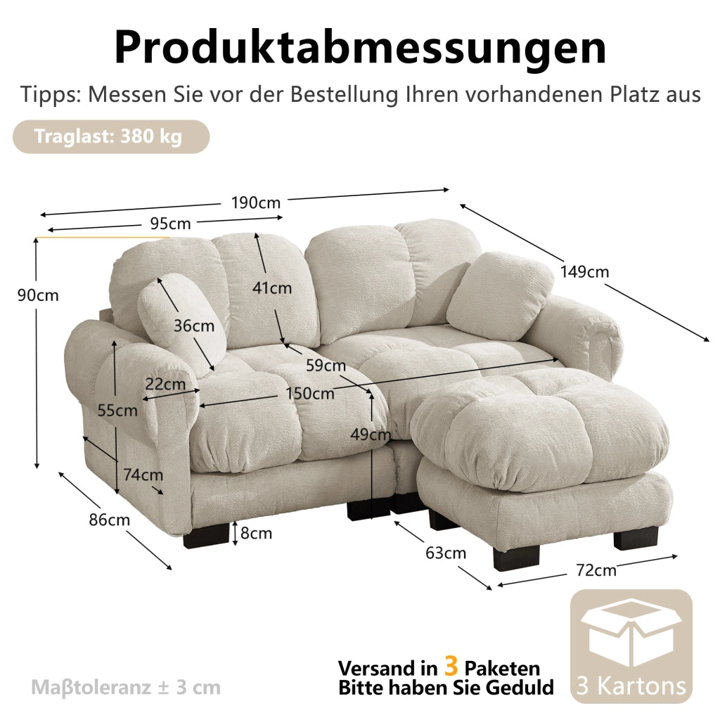 Divano angolare modulare 2 posti in Chenille con Cuscino mobile e pouf, Light Khaki