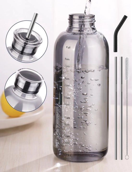 Bottiglia da 750ml in vetro con 2 coperchi e setaccio in acciaio inossidabile, bottiglia da drink resistentente al calore in vetro borosilicato per ufficio, palestra, scuola e casa (grigio)