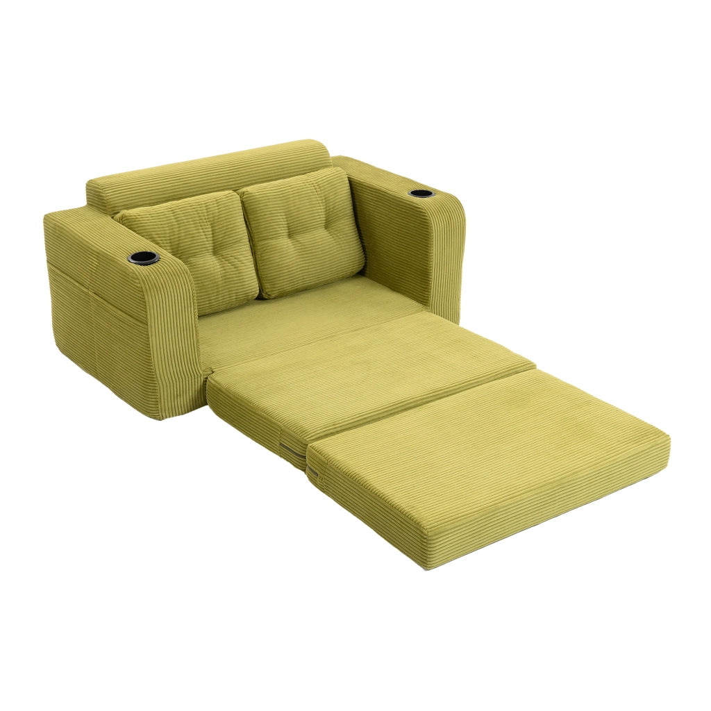 Sofa modulare a 2 posti in tessuto corduroy; con braccioli e tasche laterali; verde oliva