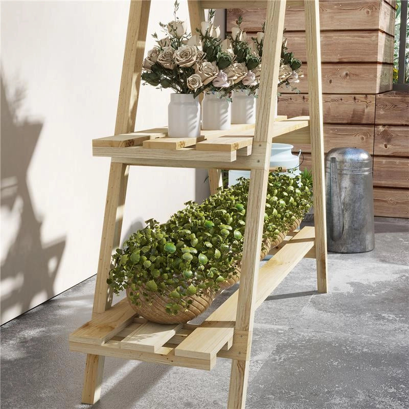 PORTAPIANTE VERTICALE 3 LIVELLI A DOGHE IN ABETE, 100X36X112 CM, COLOR LEGNO