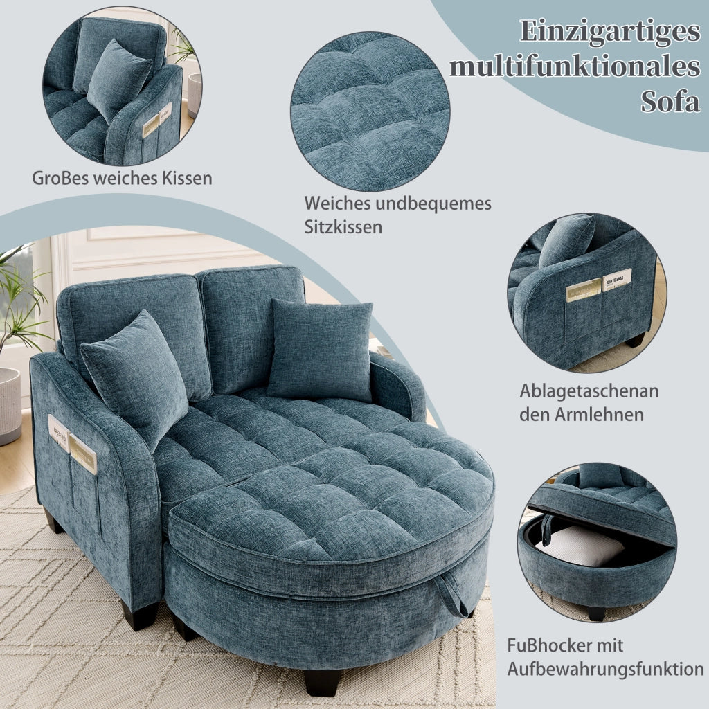 Divano letto multifunzione 2 in 1 con pouf contenitore e tessuto traspirante in eucalipto blu